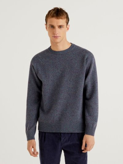 Blue Men's Benetton Crew Neck Pure Shetland Wool Sweaters | AU796890