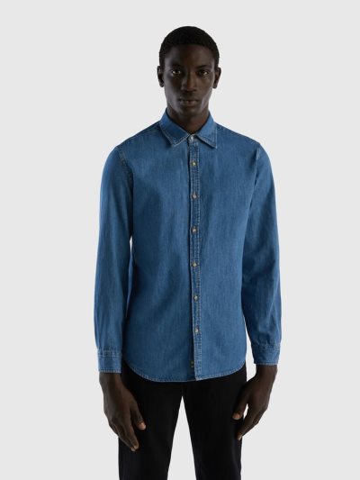 Blue Men's Benetton Denim 100% Cotton Shirts | AU515967