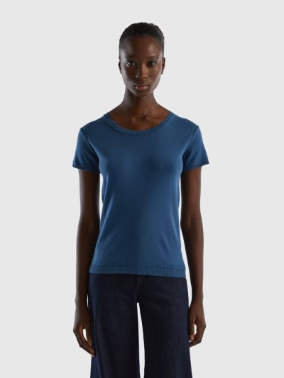 Blue Women's Benetton 100% Cotton Short Sleeve Sweaters | AU020554