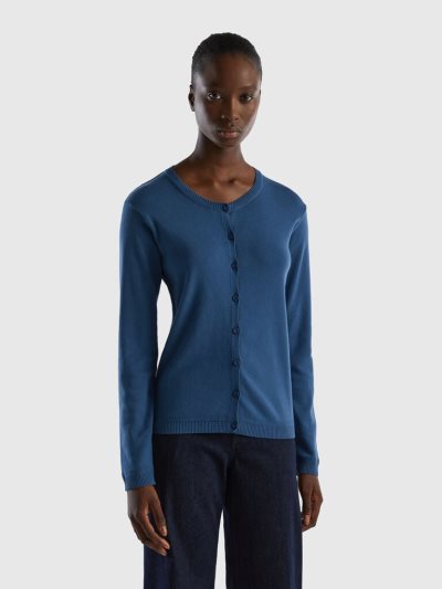 Blue Women's Benetton Crew Neck Pure Cotton Cardigan | AU671110