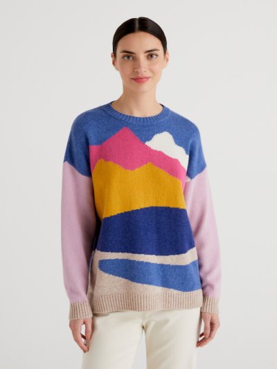 Blue Women's Benetton Jacquard Winter Crew Neck Sweaters | AU892429