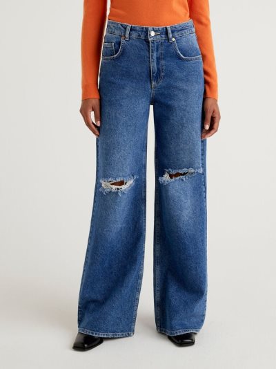 Blue Women's Benetton Loose Fit Tears Jeans | AU492862