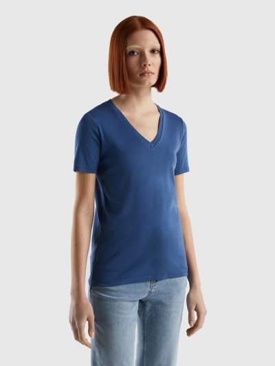 Blue Women's Benetton Pure Cotton V-neck Short Sleeve T-shirts | AU725325