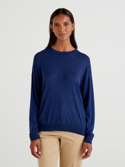 Blue Women's Benetton Relaxed Boxy Fit Crew Neck Sweaters | AU092284