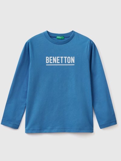 Bright Blue Kids' Benetton Long Sleeve Logo T Shirts | AU818703