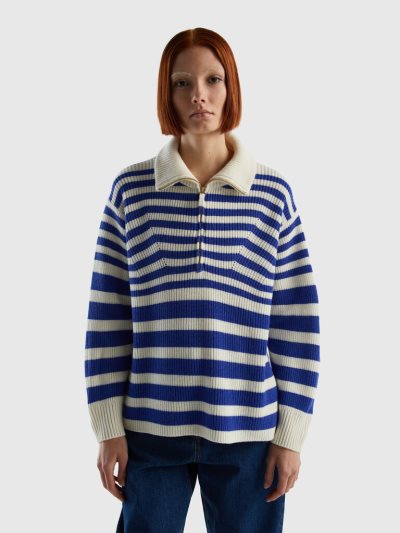 Bright Blue Women's Benetton High Neck Striped High Neck Sweaters | AU833136