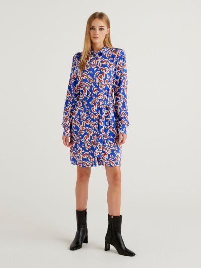 Bright Blue Women's Benetton Short Patterned Shirt Dress Dress | AU750605