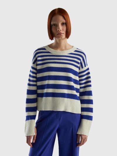 Bright Blue Women's Benetton Striped Wool Blend Crew Neck Sweaters | AU563878
