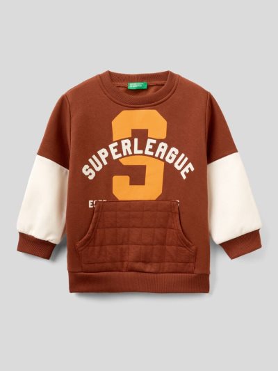 Brown Kids' Benetton Kangaroo Pocket And Print Sweatshirt | AU279368