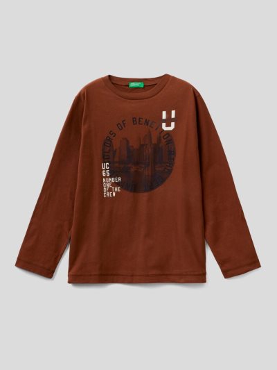 Brown Kids' Benetton Warm Photo Print Long Sleeve T-shirts | AU413301