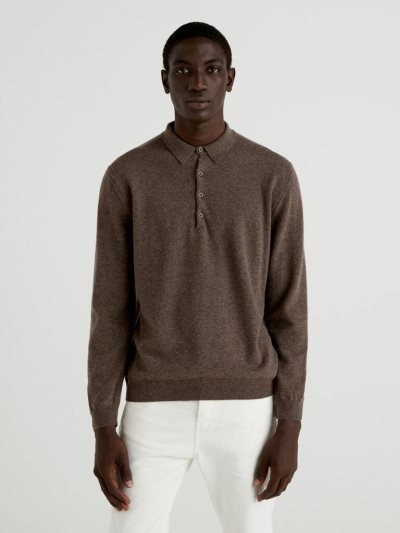 Brown Men's Benetton Pure Merino Wool Long Sleeve Polos | AU867631