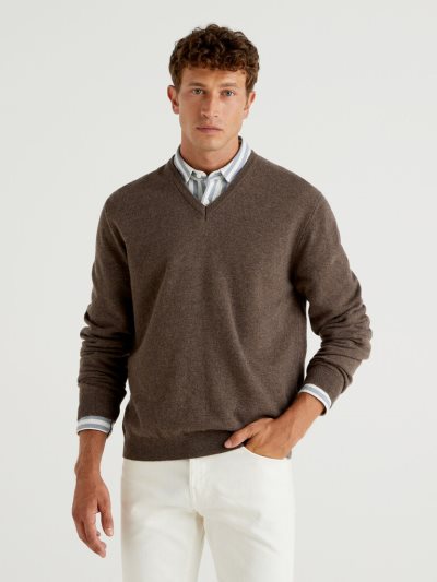 Brown Men's Benetton Pure Merino Wool V-neck Sweaters | AU582553