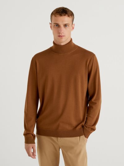 Brown Men's Benetton Pure Virgin Wool Turtleneck High Neck Sweaters | AU459998
