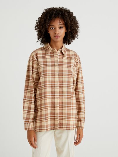 Brown Women's Benetton Check Flannel Shirts | AU303953