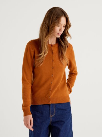 Brown Women's Benetton Crew Neck Pure Merino Wool Cardigan | AU398173