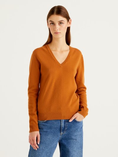 Brown Women's Benetton Pure Merino Wool V-neck Sweaters | AU384422