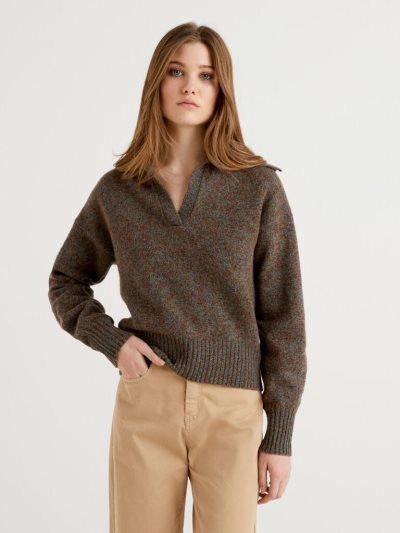 Brown Women's Benetton Pure Tricot Shetland Wool V-neck Sweaters | AU124028