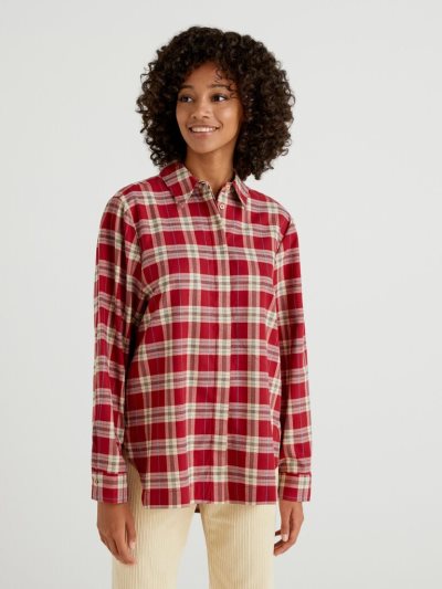 Burgundy Women's Benetton Check Flannel Shirts | AU037347