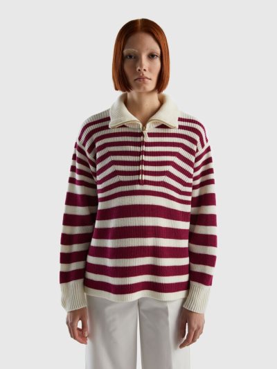 Burgundy Women's Benetton High Neck Striped High Neck Sweaters | AU542232