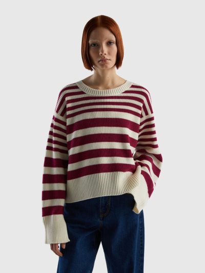 Burgundy Women's Benetton Striped Wool Blend Crew Neck Sweaters | AU201551