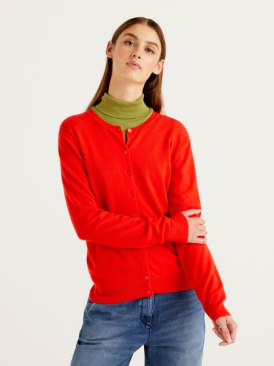 Coral Red Women's Benetton Crew Neck Pure Merino Wool Cardigan | AU716360