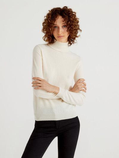 Cream White Women's Benetton Pure Merino Wool Turtleneck High Neck Sweaters | AU016823