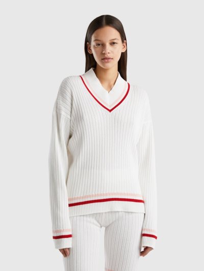 Cream White Women's Benetton Striped Edges V-neck Sweaters | AU949025