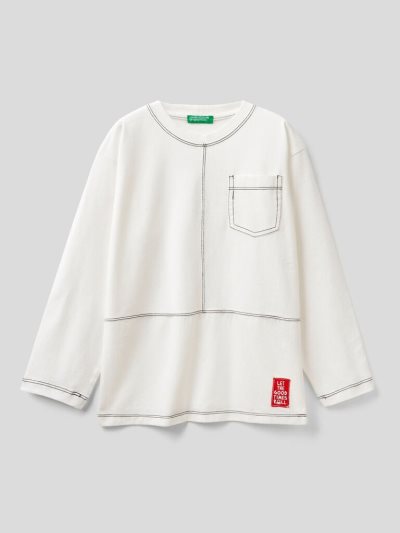 Creamy White Kids' Benetton 100% Cotton Breast Pocket Long Sleeve T-shirts | AU688422