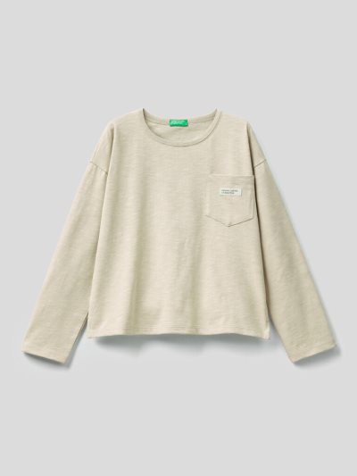 Creamy White Kids' Benetton Breast Pocket Organic Cotton Long Sleeve T-shirts | AU317252