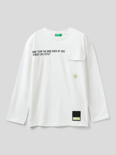 Creamy White Kids' Benetton Breast Pocket Warm Cotton Long Sleeve T-shirts | AU690127