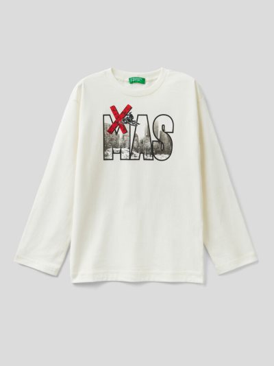 Creamy White Kids' Benetton Christmas Photo Print Long Sleeve T-shirts | AU869467