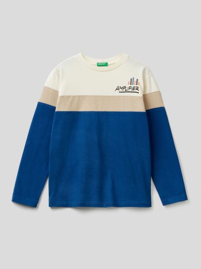 Creamy White Kids' Benetton Color Block Warm Cotton Long Sleeve T-shirts | AU158014