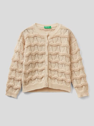 Creamy White Kids' Benetton Crew Neck Wool Blend Cardigan | AU473815
