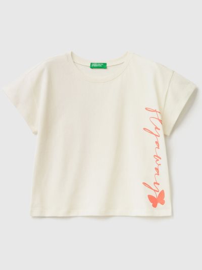 Creamy White Kids' Benetton Cropped Pure Cotton Short Sleeve T-shirts | AU410313