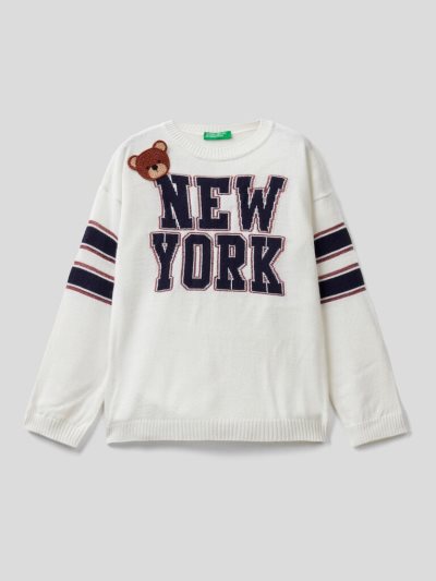 Creamy White Kids' Benetton Inlay And Patch Sweaters | AU625163