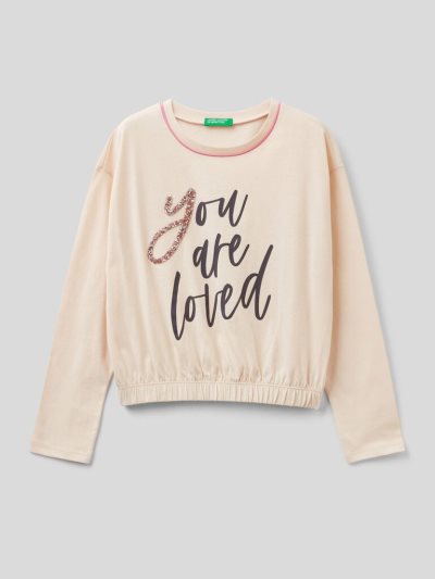 Creamy White Kids' Benetton Jeweled Details Long Sleeve T-shirts | AU415026