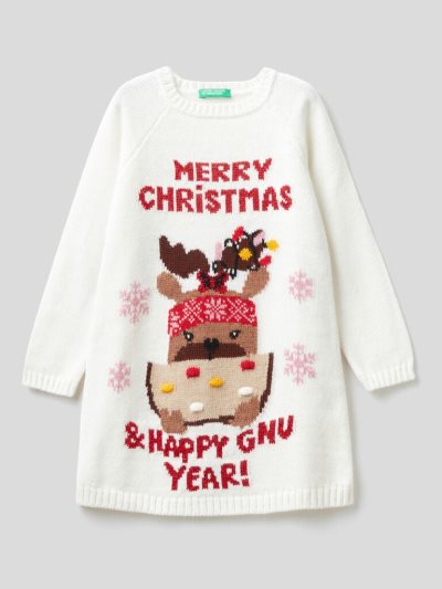 Creamy White Kids' Benetton Knit Christmas Dress | AU331756
