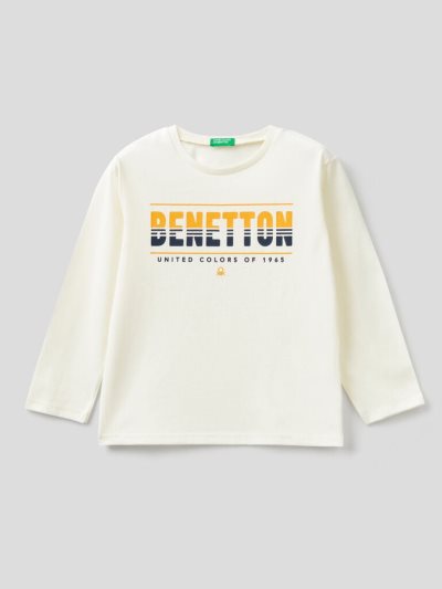 Creamy White Kids' Benetton Long Sleeve Organic Cotton T Shirts | AU215141