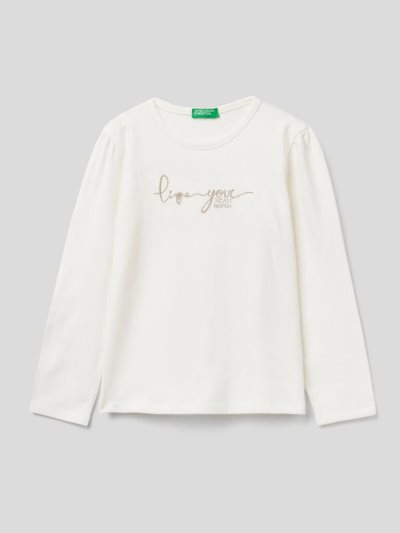 Creamy White Kids' Benetton Lurex Embroidery Long Sleeve T-shirts | AU004826