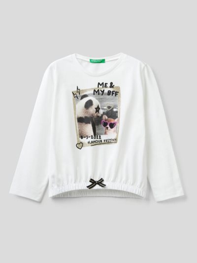 Creamy White Kids' Benetton Panda Photo Print Long Sleeve T-shirts | AU222188