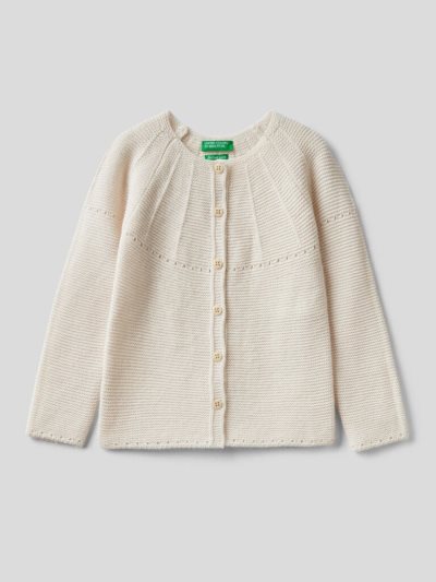 Creamy White Kids' Benetton Perforated Details Cardigan | AU745445