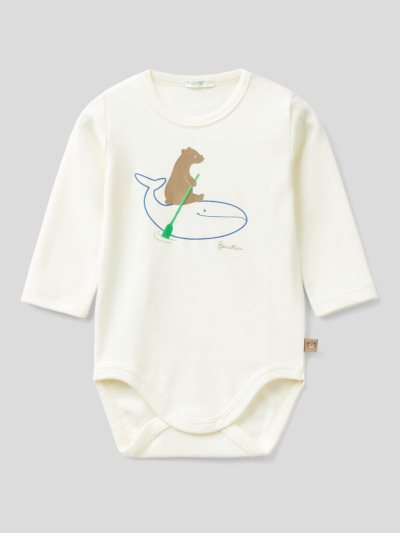 Creamy White Kids' Benetton Print Organic Cotton Bodysuits | AU297376