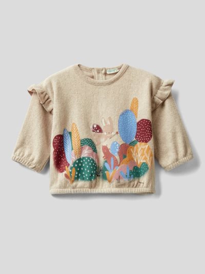 Creamy White Kids' Benetton Print Recycled Cotton Blend Hoodie | AU317718