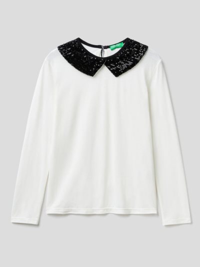 Creamy White Kids' Benetton Sequin Collar Long Sleeve T-shirts | AU917676
