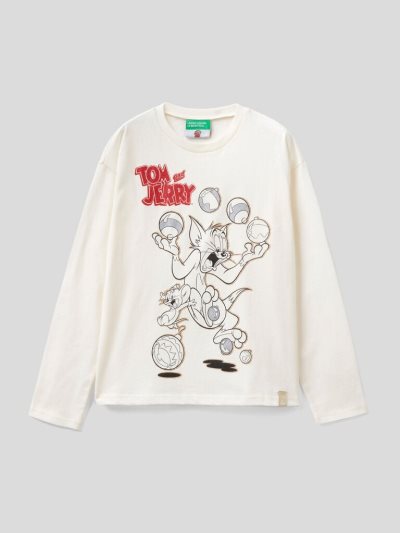 Creamy White Kids' Benetton Tom & Jerry Christmas Long Sleeve T-shirts | AU338456