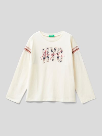 Creamy White Kids' Benetton Warm Cotton Glitter Long Sleeve T-shirts | AU591870