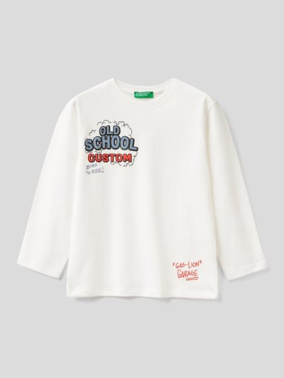 Creamy White Kids' Benetton Warm Cotton Print Long Sleeve T-shirts | AU938413