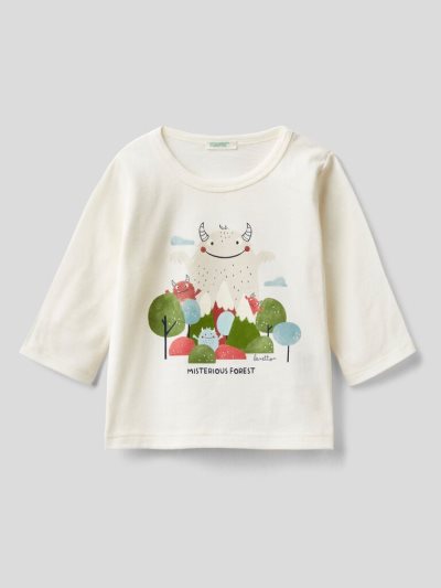 Creamy White Kids' Benetton Warm Organic Cotton Print T Shirts | AU517931