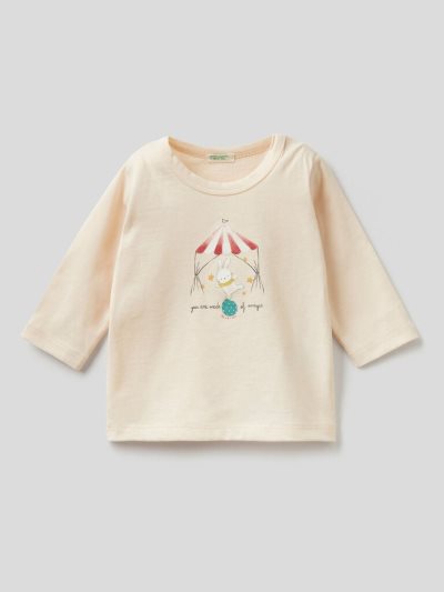 Creamy White Kids' Benetton Warm Printed Organic Cotton T Shirts | AU089048