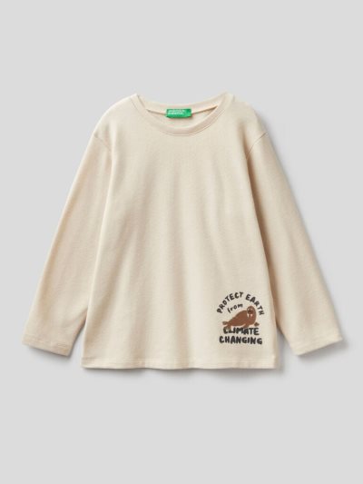Creamy White Kids' Benetton Warm Printed Long Sleeve T-shirts | AU657628